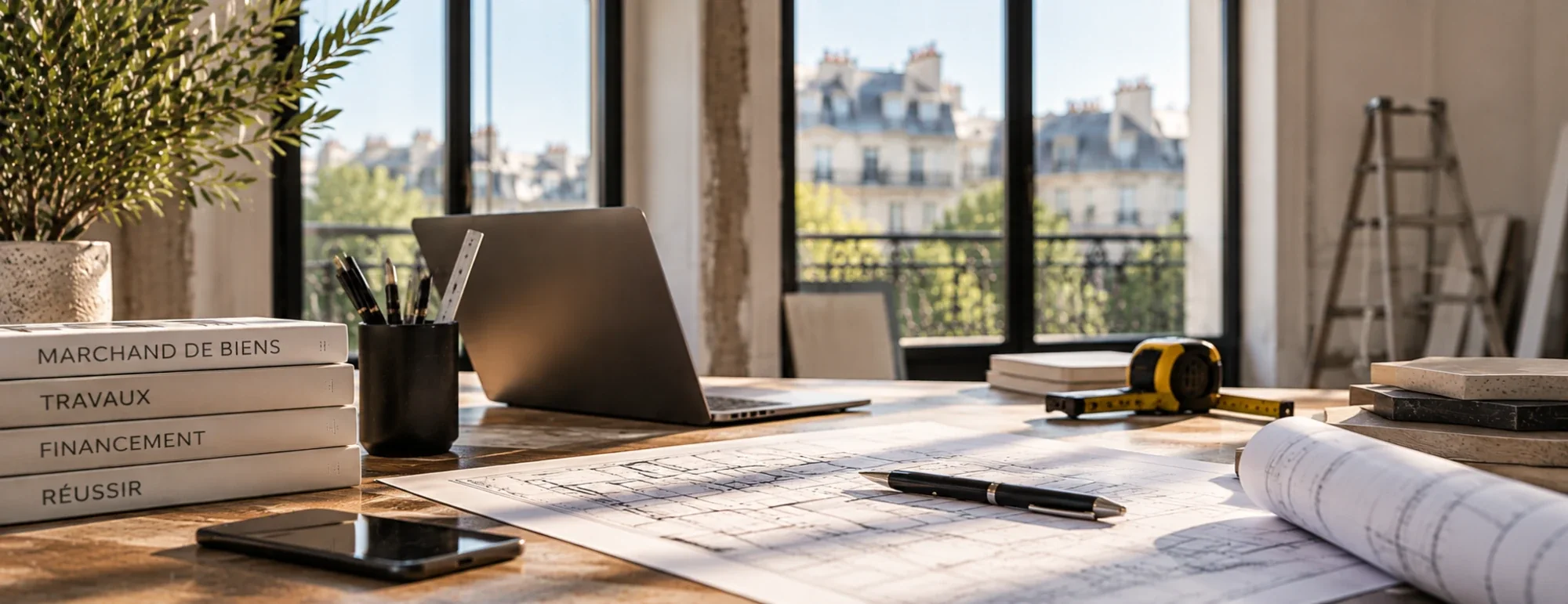 Bureau de marchand de biens : plans, ordinateur portable, livres « Marchand de biens », « Travaux », « Financement », « Réussir », toits parisiens