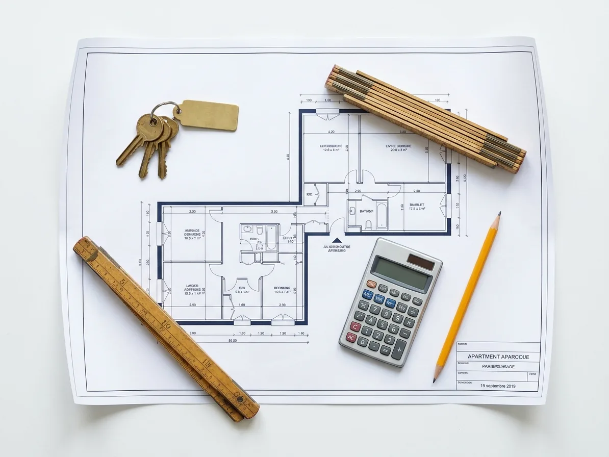 Clés d’appartement, règle pliante et calculatrice posées sur des plans d’architecte